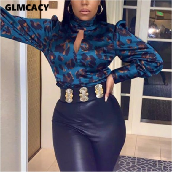 Blue Leopard Print Turtle Neck Keyhole Blouse - Picture 3 of 8